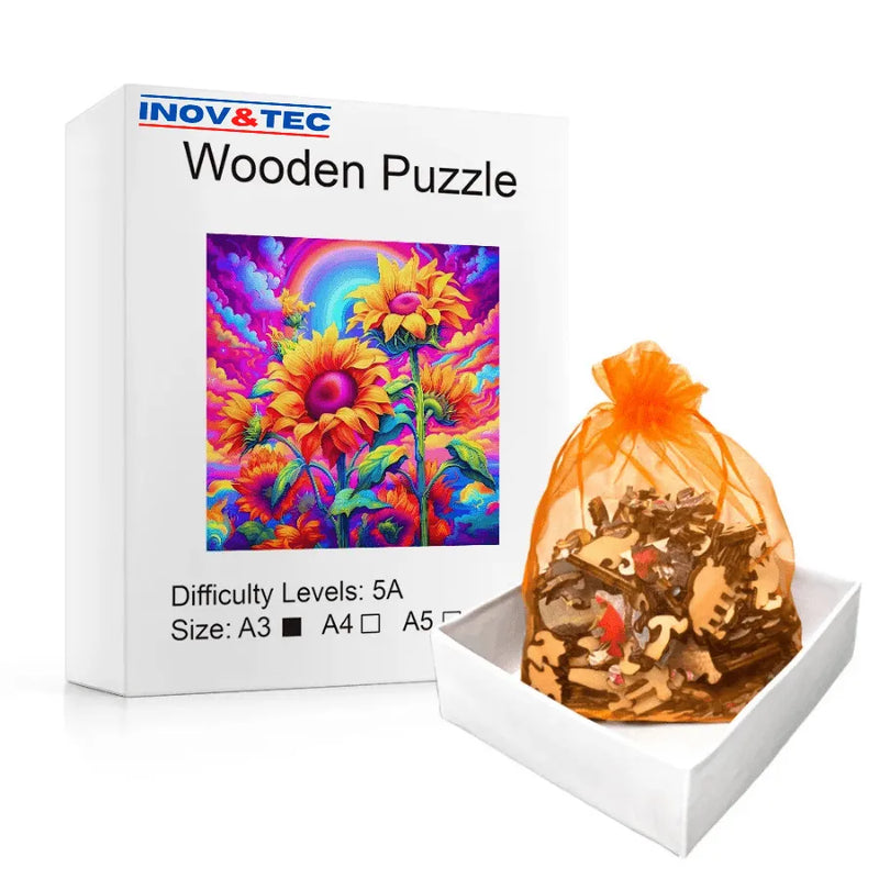 Quebra-Cabeça De Madeira Inova WOOD PUZZLE - Girassóis Psicodélicos | Diversão Com Diversos Benefícios