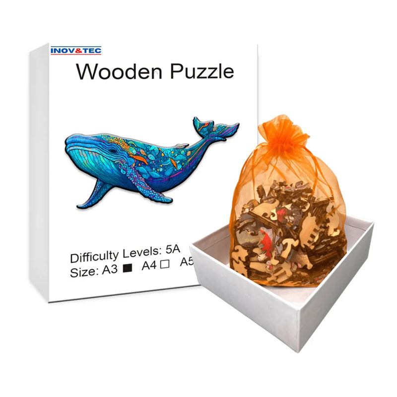 Quebra-Cabeça de Madeira Inova WOOD PUZZLE - Baleia Azul | Diversão com Diversos Benefícios para Crianças e Idosos