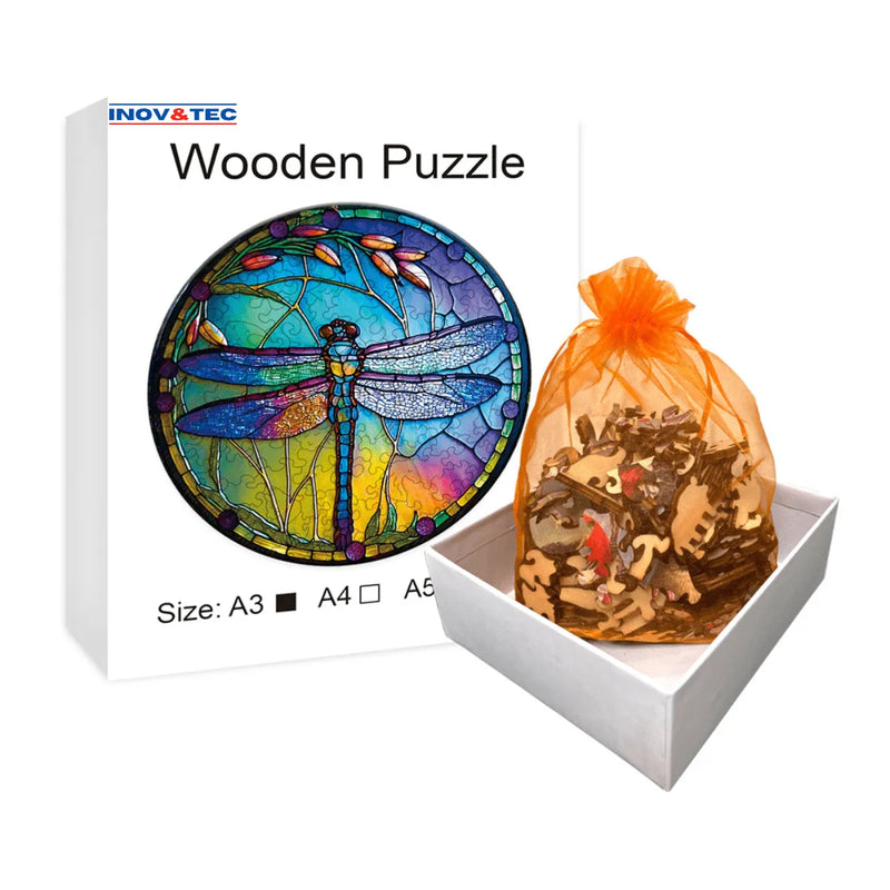 Quebra-Cabeça de Madeira Inova WOOD PUZZLE - Libélula em Vitral | Diversão com Diversos Benefícios para Crianças e Idosos