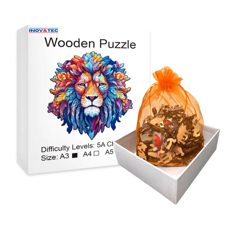 Quebra-Cabeça de Madeira Inova WOOD PUZZLE - Leão Aquarela | Diversão com Diversos Benefícios para Crianças e Idosos