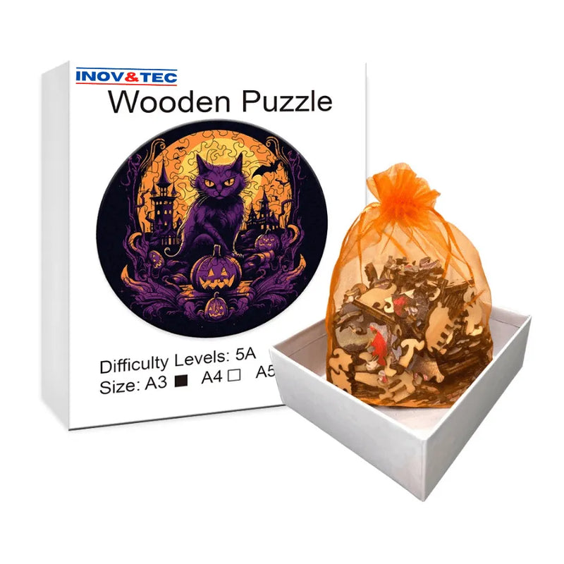 Quebra-Cabeça De Madeira Inova WOOD PUZZLE - Gato De Halloween | Diversão Com Diversos Benefícios Para Crianças e Idosos