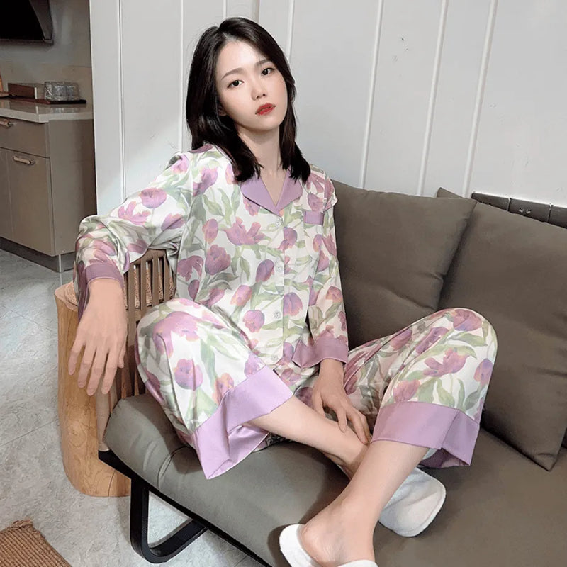 Pijama Feminino Serenade Conjunto Calça e Camisa Longa Em Seda Gelo Premium | Toque De Seda Confortável