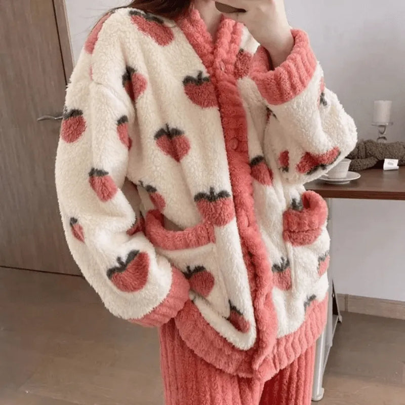 Pijama Feminino De Pelúcia Sweet Peach - Conjunto De Pelúcia Plush Com Calça e Blusa Gola V | Quentinho, Macio e Super Confortável