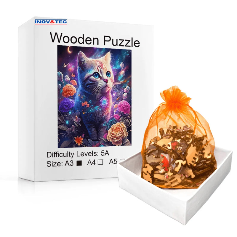 Quebra-Cabeça de Madeira Inova WOOD PUZZLE - Gato Sonhador | Diversão com Diversos Benefícios para Crianças e Idosos