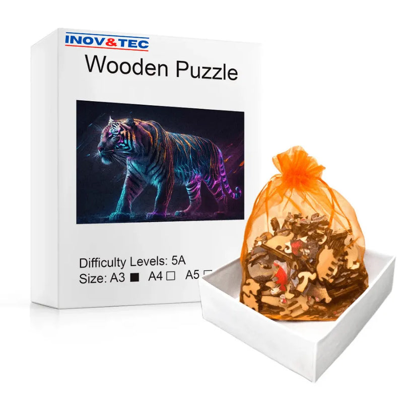 Quebra-Cabeça De Madeira Inova WOOD PUZZLE - Tigre Artístico | Diversão Com Diversos Benefícios Para Crianças e Idosos