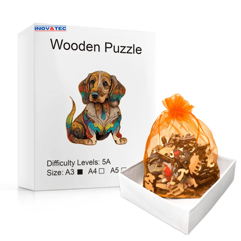 Quebra-Cabeça de Madeira Inova WOOD PUZZLE - Cão Entalhado | Diversão com Diversos Benefícios para Crianças e Idosos