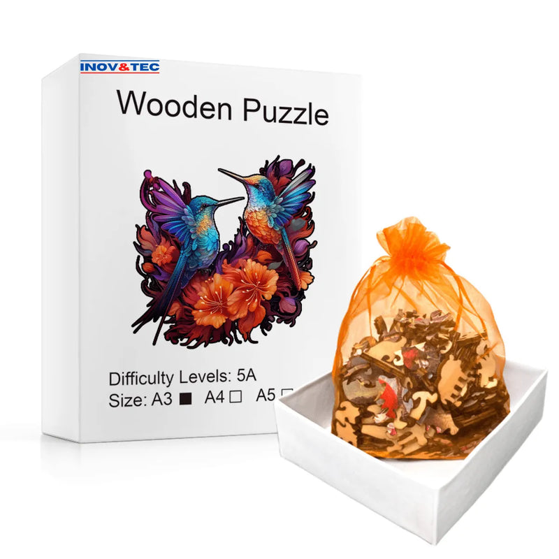 Quebra-Cabeça de Madeira Inova WOOD PUZZLE - Casal Beija-flores | Diversão com Diversos Benefícios para Crianças e Idosos