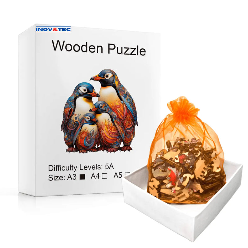 Quebra-Cabeça de Madeira Inova WOOD PUZZLE - Pinguins Aquarela | Diversão com Diversos Benefícios para Crianças e Idosos