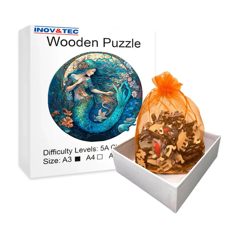 Quebra-Cabeça De Madeira Inova WOOD PUZZLE - Sereia Com Flores | Diversão Com Diversos Benefícios Para Crianças e Idosos