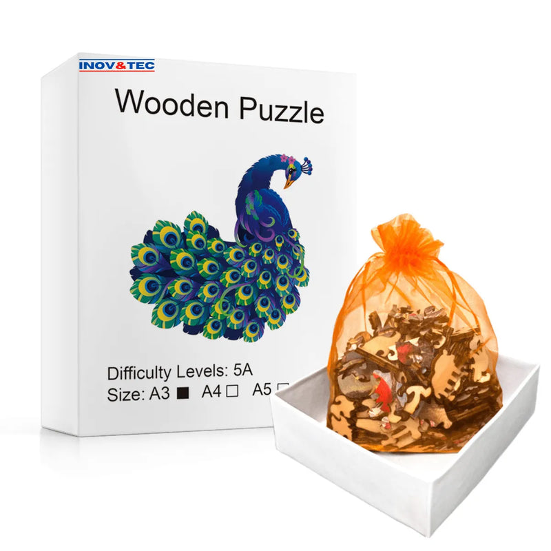 Quebra-Cabeça de Madeira Inova WOOD PUZZLE - Pavão Brasileiro | Diversão com Diversos Benefícios para Crianças e Idosos