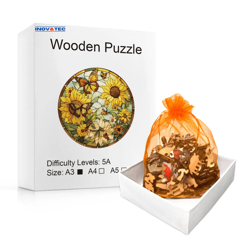Quebra-Cabeça de Madeira Inova WOOD PUZZLE - Borboleta e Girassóis | Diversão com Diversos Benefícios