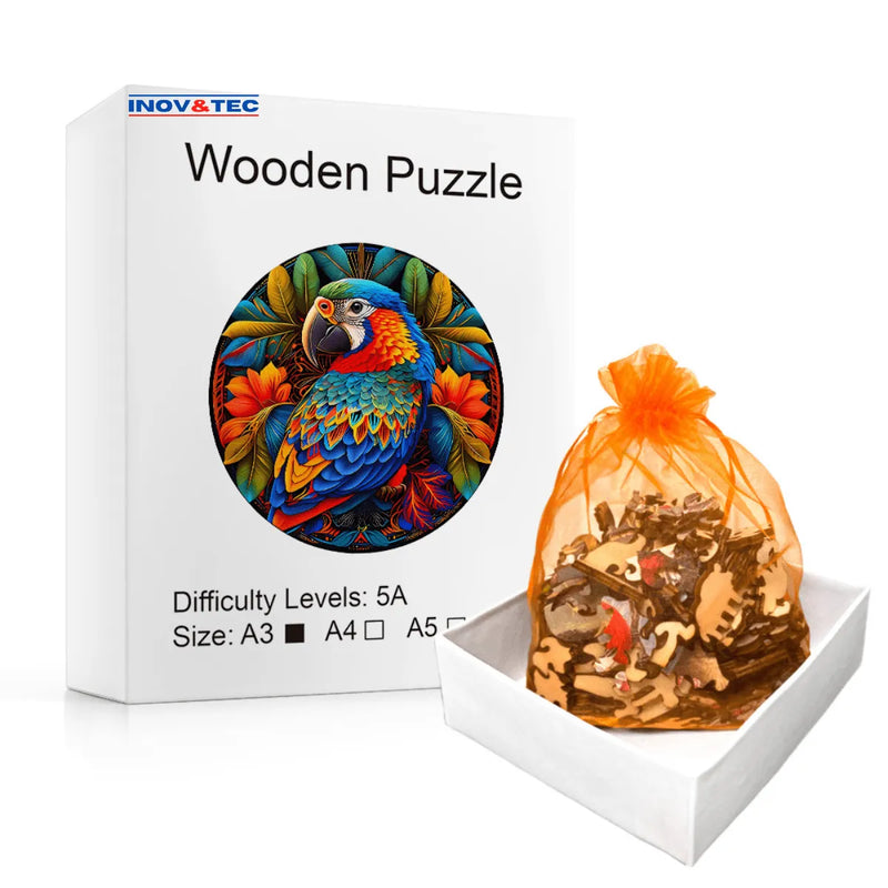 Quebra-Cabeça de Madeira Inova WOOD PUZZLE - Pássaro Colorido | Diversão com Diversos Benefícios para Crianças e Idosos