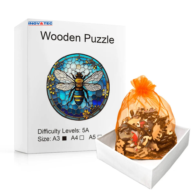 Quebra-Cabeça de Madeira Inova WOOD PUZZLE - Abelha em Vitral Floral | Diversão com Diversos Benefícios