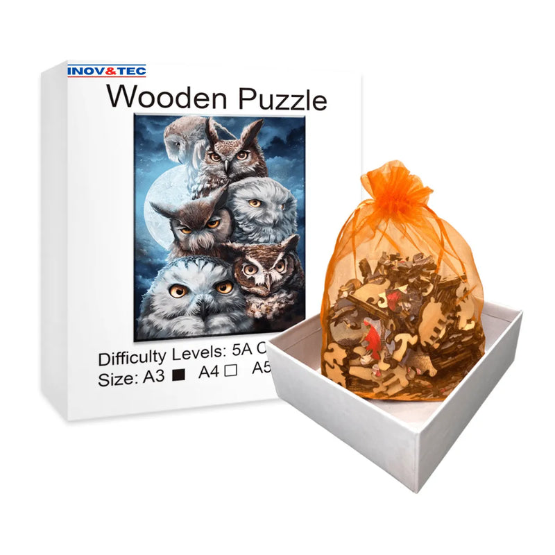 Quebra-Cabeça de Madeira Inova WOOD PUZZLE - Corujas Asas da Noite | Diversão com Diversos Benefícios para Crianças e Idosos