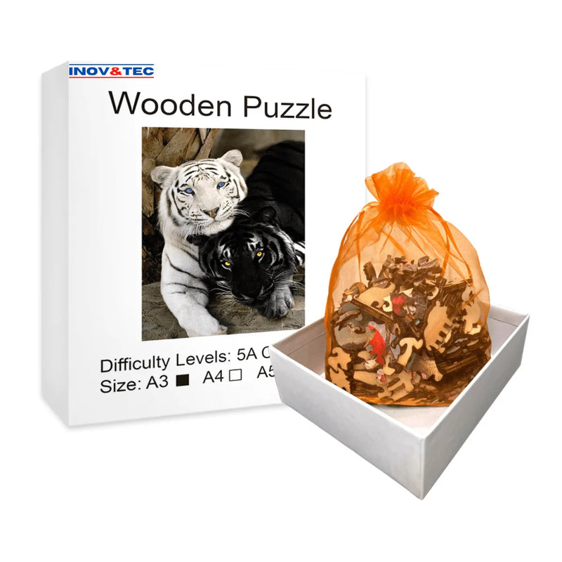 Quebra-Cabeça de Madeira Inova WOOD PUZZLE - Casal de Tigres | Diversão com Diversos Benefícios para Crianças e Idosos