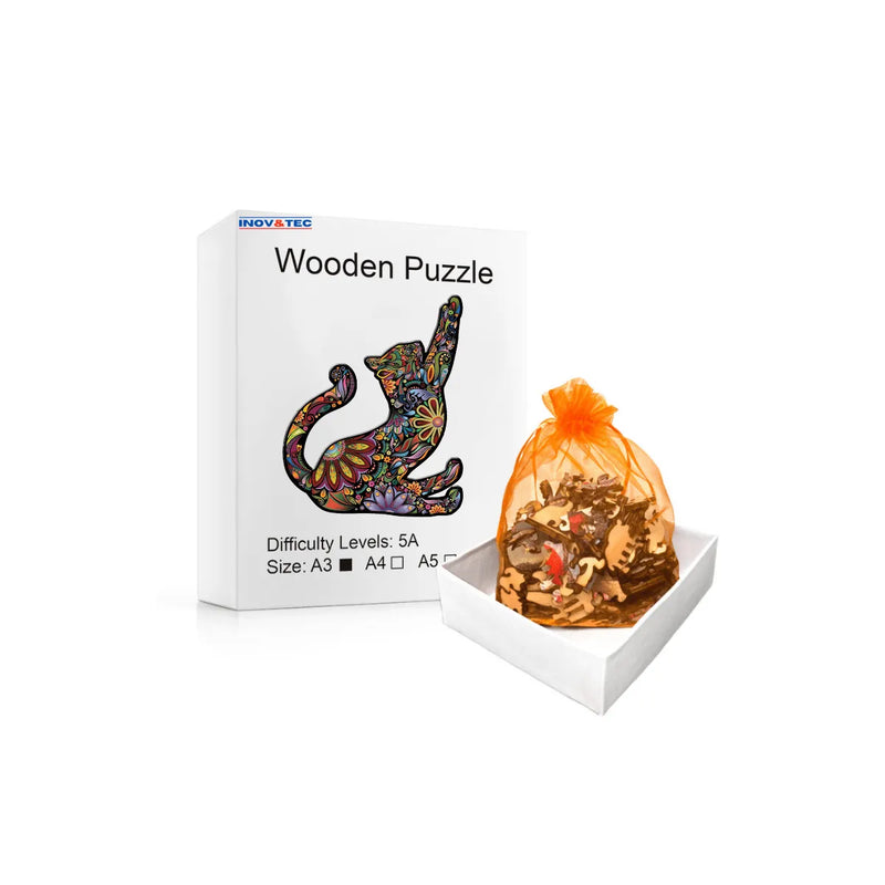 Quebra-Cabeça de Madeira Inova WOOD PUZZLE - Gato Roots | Diversão com Diversos Benefícios para Crianças e Idosos