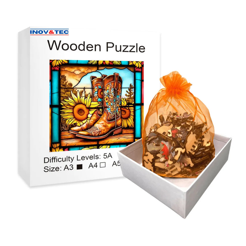 Quebra-Cabeça de Madeira Inova WOOD PUZZLE - Botina e Girassóis | Diversão com Diversos Benefícios para Crianças e Idosos