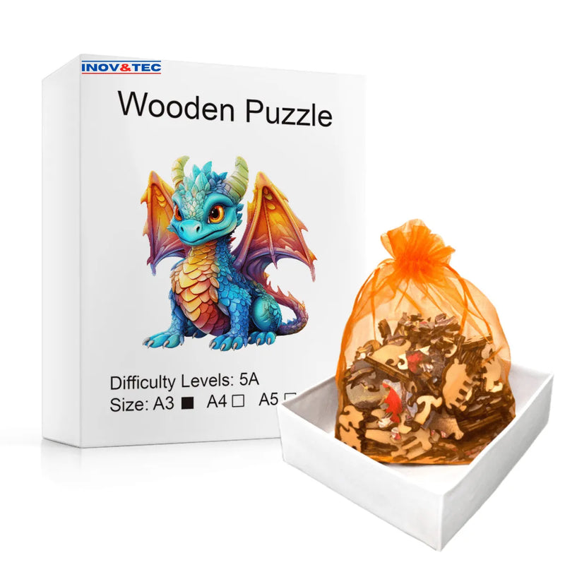 Quebra-Cabeça de Madeira Inova WOOD PUZZLE - Dragão Bebê | Diversão com Diversos Benefícios para Crianças e Idosos