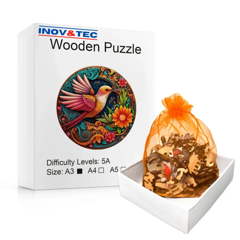 Quebra-Cabeça De Madeira Inova WOOD PUZZLE - Beija-Flor Laranja | Diversão Com Diversos Benefícios Para Crianças e Idosos