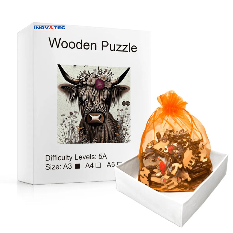 Quebra-Cabeça de Madeira Inova WOOD PUZZLE - Vaca com Flores | Diversão com Diversos Benefícios para Crianças e Idosos