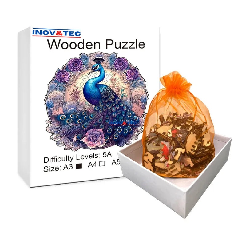 Quebra-Cabeça De Madeira Inova WOOD PUZZLE - Pavão Azul Florido | Diversão Com Diversos Benefícios Para Crianças e Idosos
