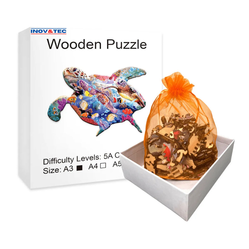 Quebra-Cabeça de Madeira Inova WOOD PUZZLE - Tartaruga Oceânica | Diversão com Diversos Benefícios para Crianças e Idosos