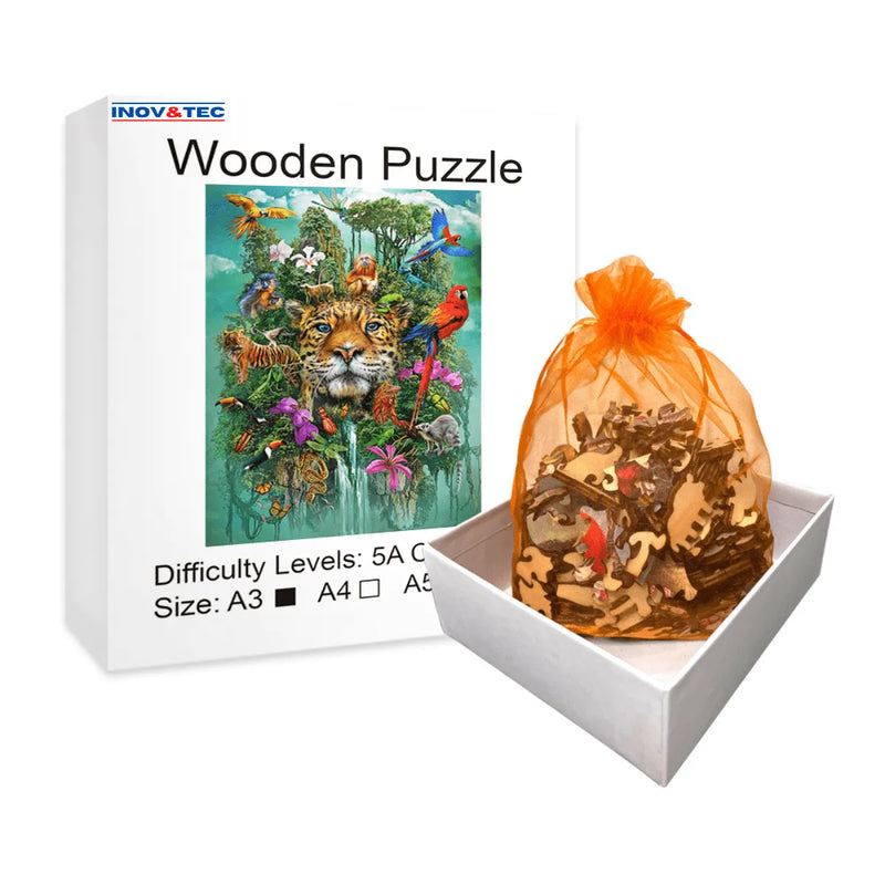 Quebra-Cabeça de Madeira Inova WOOD PUZZLE - Leopardo e Árvore | Diversão com Diversos Benefícios