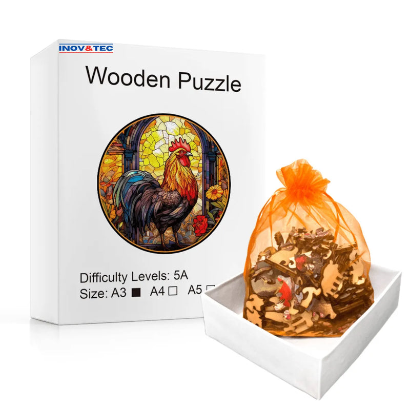 Quebra-Cabeça de Madeira Inova WOOD PUZZLE - Galo na Vidraça | Diversão com Diversos Benefícios para Crianças e Idosos