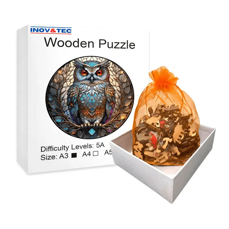 Quebra-Cabeça De Madeira Inova WOOD PUZZLE - Coruja Em Vitral | Diversão Com Diversos Benefícios Para Crianças e Idosos