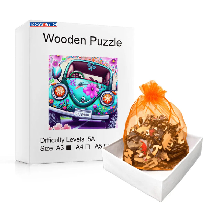 Quebra-Cabeça de Madeira Inova WOOD PUZZLE - Fusca Roots Florido | Diversão com Diversos Benefícios para Crianças e Idosos