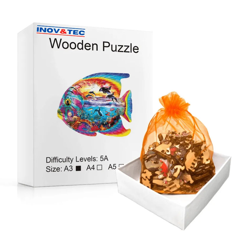 Quebra-Cabeça De Madeira Inova WOOD PUZZLE - Peixe Transparente Com Orcas | Diversão Com Diversos Benefícios Para Crianças e Idosos
