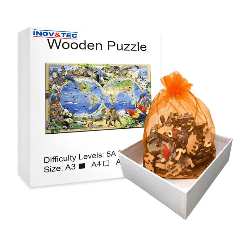 Quebra-Cabeça De Madeira Inova WOOD PUZZLE - Globo Selvagem | Diversão Com Diversos Benefícios Para Crianças e Idosos