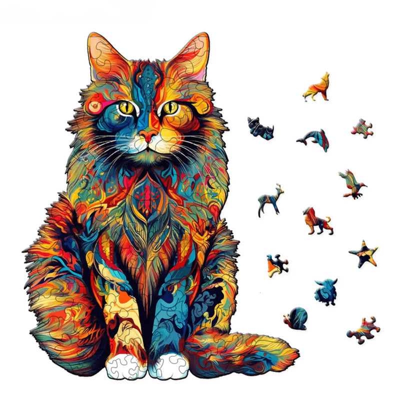 Quebra-Cabeça de Madeira Inova WOOD PUZZLE - Gato Aquarela | Diversão com Diversos Benefícios para Crianças e Idosos