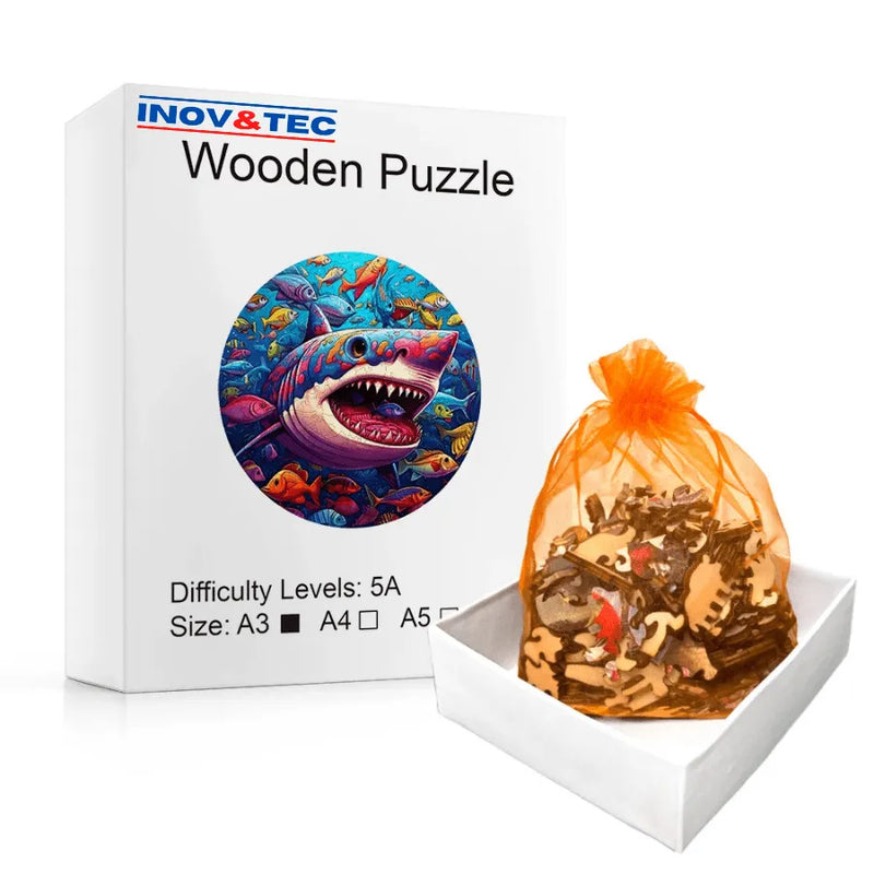 Quebra-Cabeça De Madeira Inova WOOD PUZZLE - Tubarão Com Peixes | Diversão Com Diversos Benefícios Para Crianças e Idosos