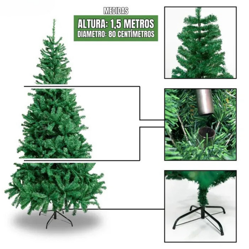 Árvore De Natal Pinheiro com 450 Galhos Verdes Tradicionais de 1.50m Premium