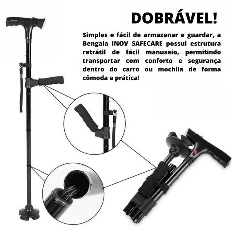 Bengala Dobrável com 4 Pés e Luz de LED Multifuncional com Botão de Emergência INOV SAFECARE