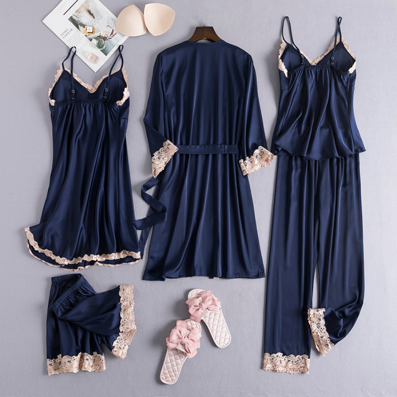 Conjunto 5 Peças Pijama Feminino Madamme Com Camisola, Baby Doll, Shorts, Calça e Roupão Em Seda Gelo Premium | Toque De Seda Confortável