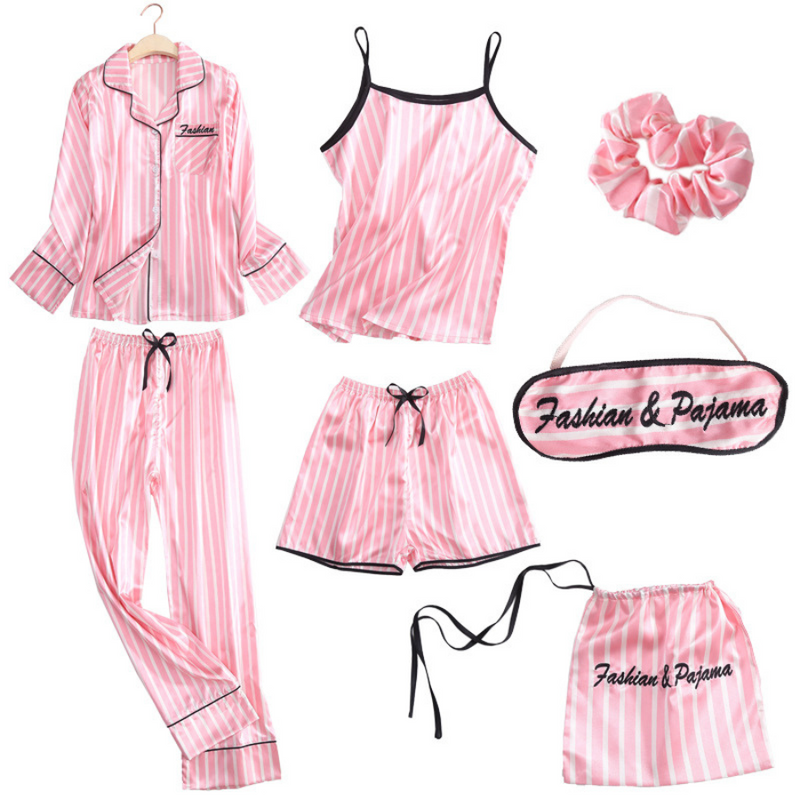Conjunto 4 Peças Pijama Feminino Serenity Divine - Camisa Manga Longa, Calça, Camisa Regata, Shorts Em Seda Gelo Cetim | Toque De Seda Confortável + Bolsinha, Laço e Máscara de dormir de Brinde