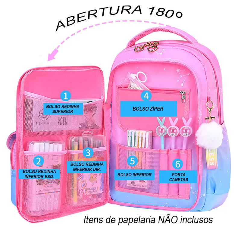 Mochila Infantil Princesa Pink - Otopédica, Leve e Resistente, Impermeável e Alta Capacidade