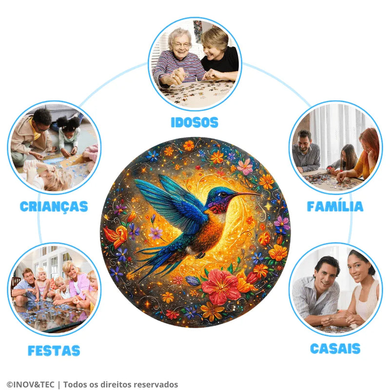 Quebra-Cabeça De Madeira Inova WOOD PUZZLE - Beija-Flor Iluminado Com Flores | Diversão Com Diversos Benefícios Para Crianças e Idosos