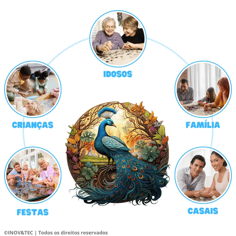 Quebra-Cabeça De Madeira Inova WOOD PUZZLE - Pavão Rei Tropical | Diversão Com Diversos Benefícios Para Crianças e Idosos