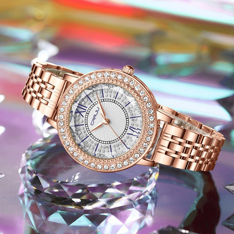 Relógio Feminino CRRJU CRISTAL DIAMOND - Vidro Lapidado, Cravejado Com Cristais de Zircônia, Movimento de Quartzo, Resistente à Água 30M
