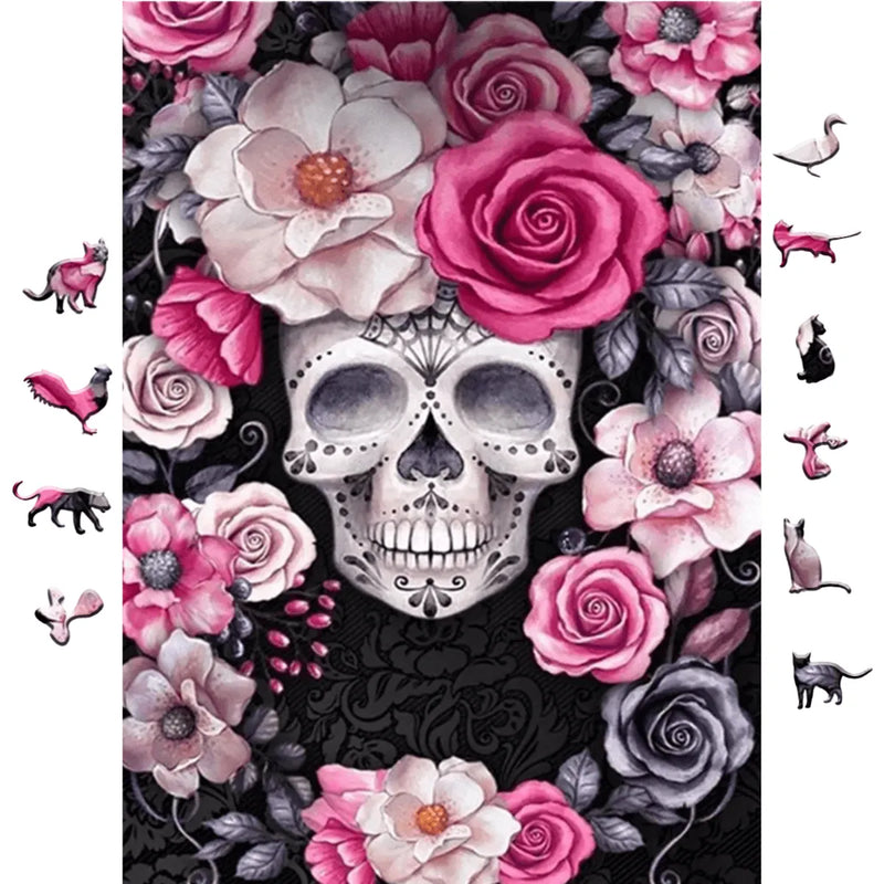 Quebra-Cabeça de Madeira Inova WOOD PUZZLE - Caveira Floral Rosa | Diversão com Diversos Benefícios para Crianças e Idosos