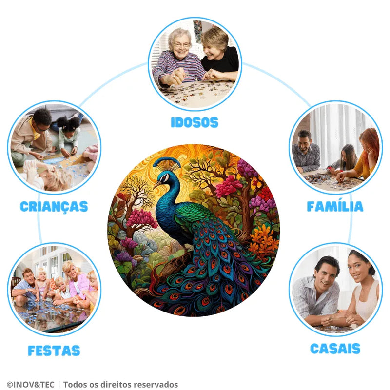 Quebra-Cabeça De Madeira Inova WOOD PUZZLE - Pavão Rei Na Floresta Encantada | Diversão Com Diversos Benefícios Para Crianças e Idosos