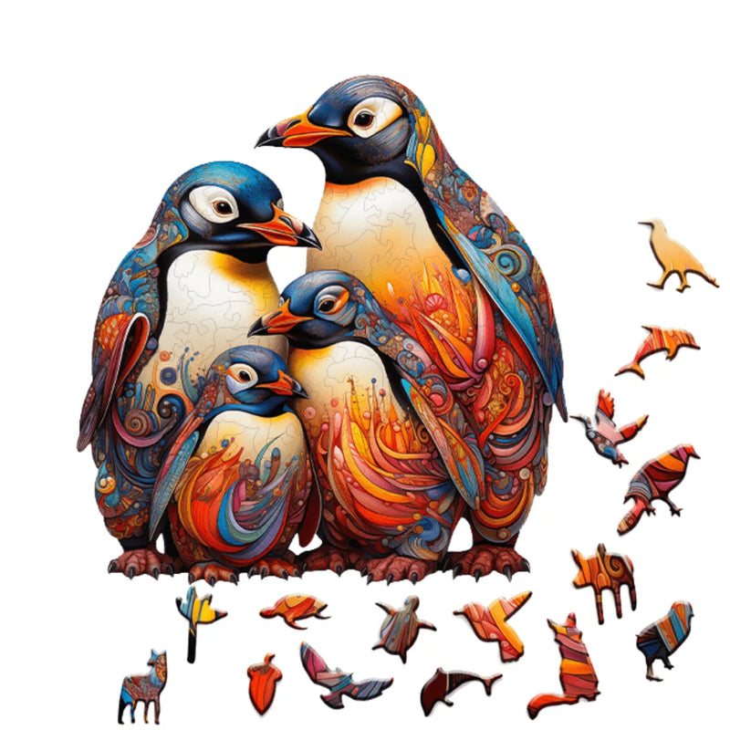 Quebra-Cabeça de Madeira Inova WOOD PUZZLE - Pinguins Aquarela | Diversão com Diversos Benefícios para Crianças e Idosos