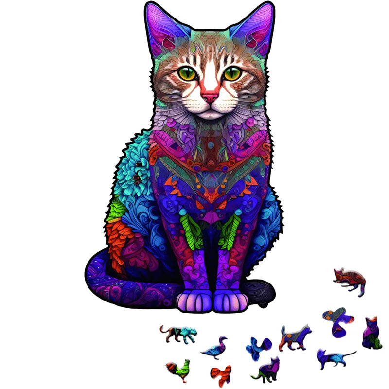 Quebra-Cabeça de Madeira Inova WOOD PUZZLE - Gato Psicodélico | Diversão com Diversos Benefícios para Crianças e Idosos