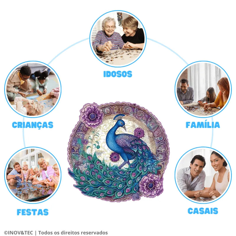 Quebra-Cabeça De Madeira Inova WOOD PUZZLE - Pavão com Rosas | Diversão Com Diversos Benefícios
