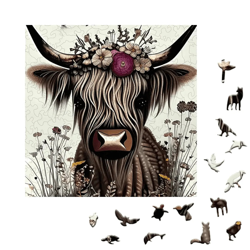 Quebra-Cabeça de Madeira Inova WOOD PUZZLE - Vaca com Flores | Diversão com Diversos Benefícios para Crianças e Idosos