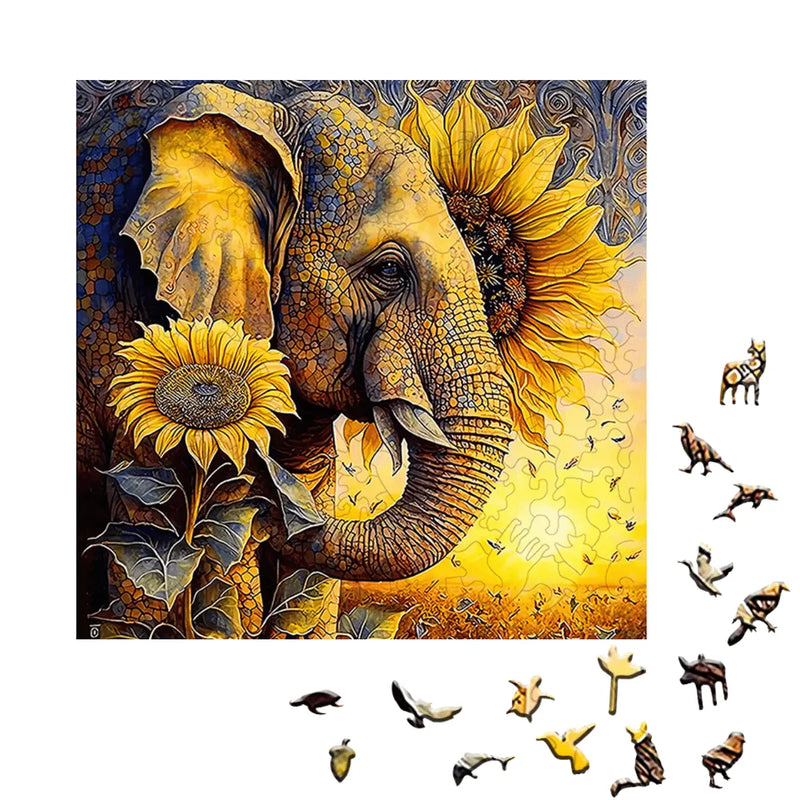 Quebra-Cabeça de Madeira Inova WOOD PUZZLE - Elefante e Girassóis | Diversão com Diversos Benefícios