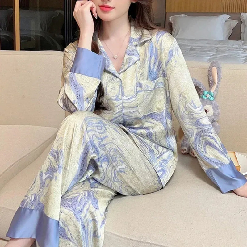 Pijama Feminino Primavera - Conjunto Calça e Camisa Longa Em Seda Gelo Premium | Toque De Seda Super Confortável